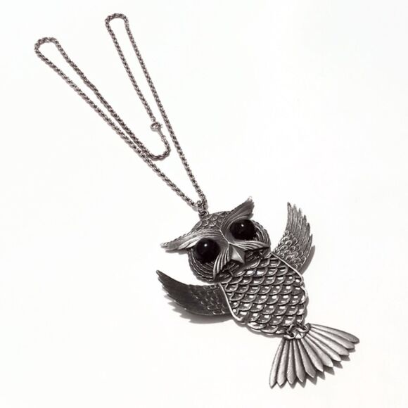 Large Open Wing Pewter Articulated Owl Vintage Pendant Necklace * - Picture 6 of 7